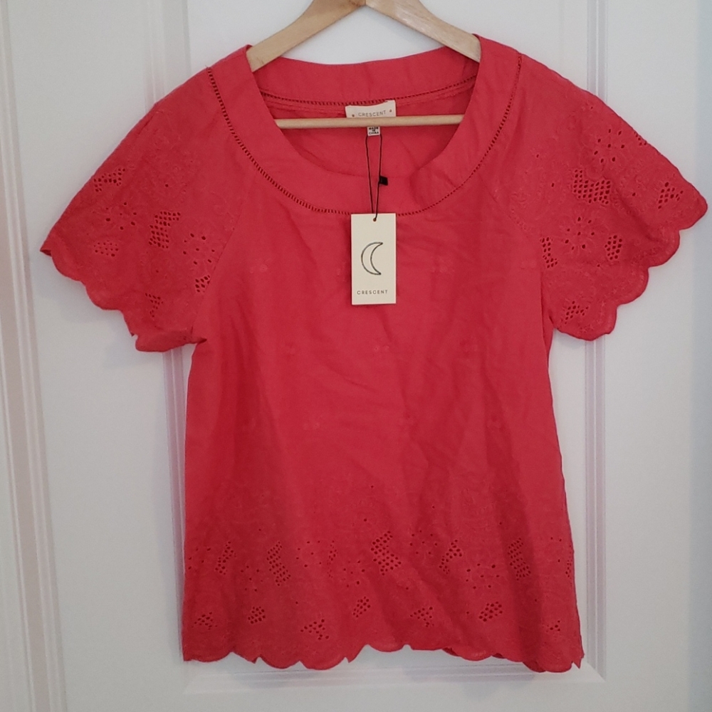 Crescent Coral Eyelet Embroidered Knit Top Large